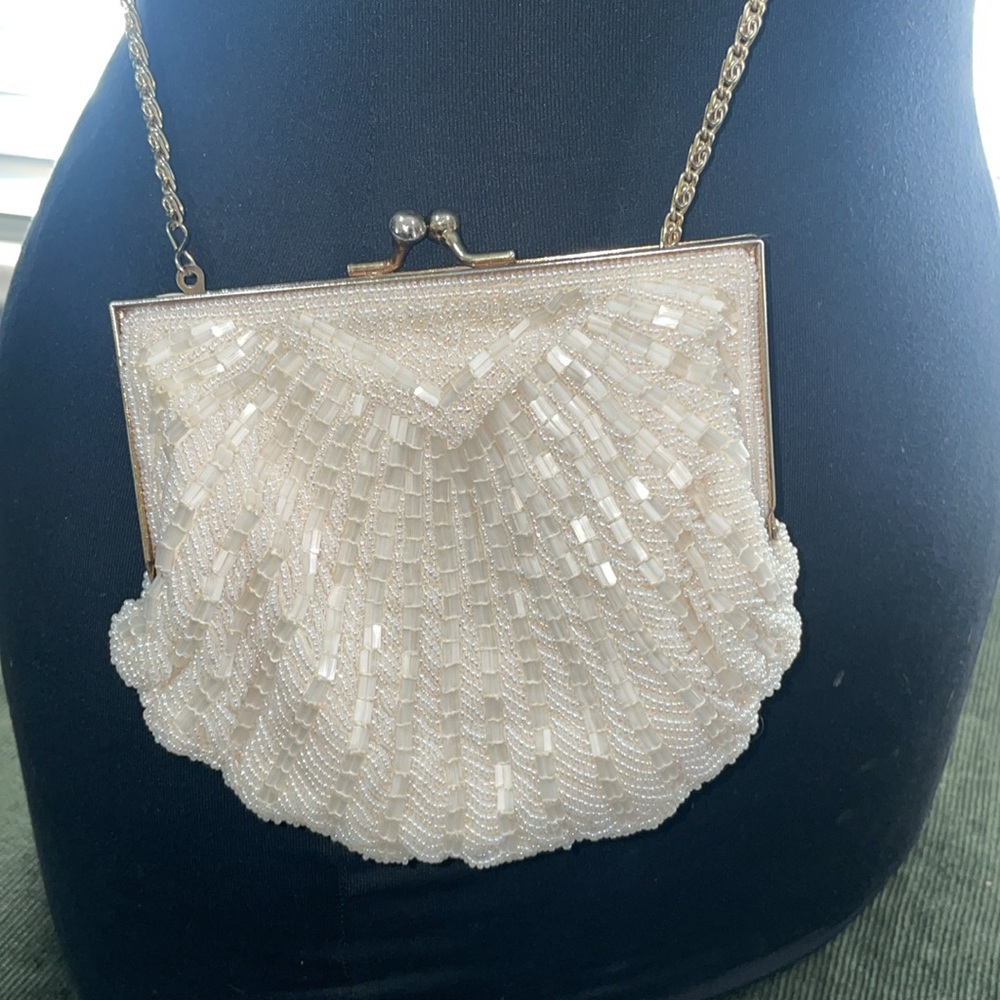 Vintage cream sequin formal evening clutch